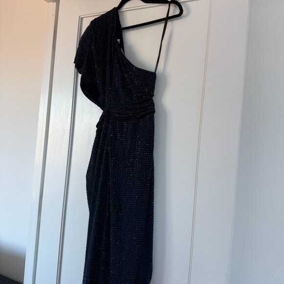NWT Self-Portrait Cut-out Midi Dress In Navy Allover Rhinestone Front Slit Sz 12 - Picture 10 of 11